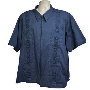 Guayabera Haband Vintage Mens Cuban Blue Zip Front Shirt 3XL Pockets Embroider